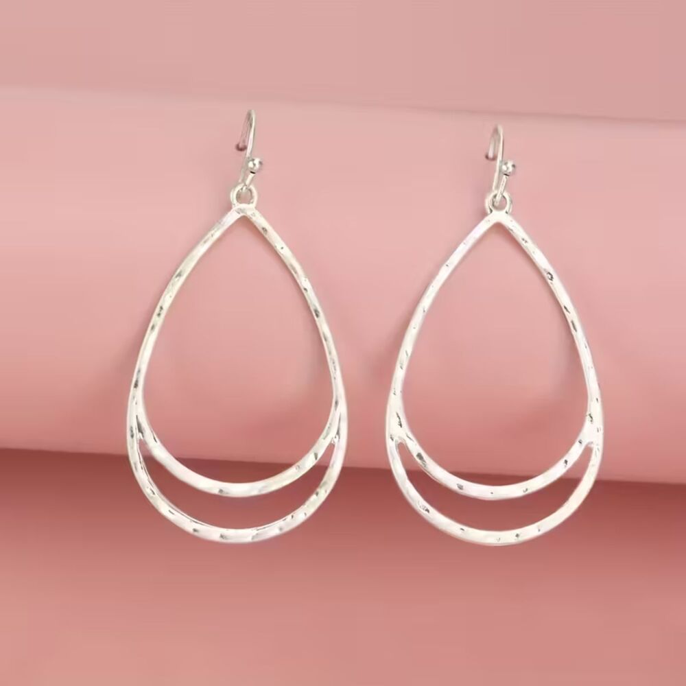 Silver Open Double Teardrop Pendant Drop Earrings Textured Dangle Charm Lghtwt